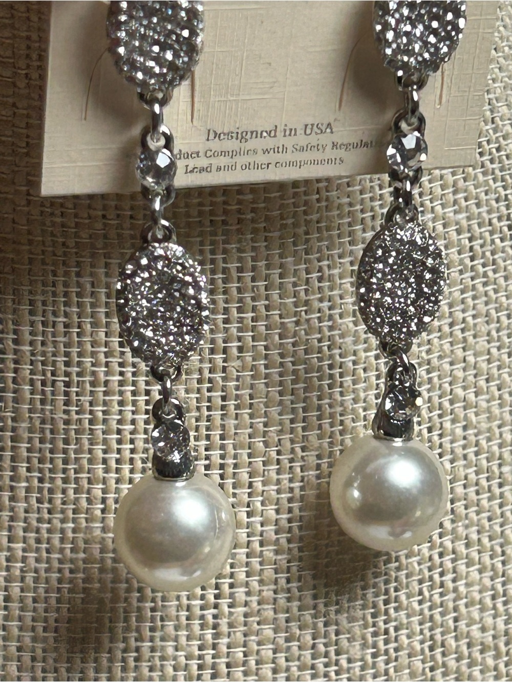 Crystal Drop Pearl Dangle Earrings - Silver and White